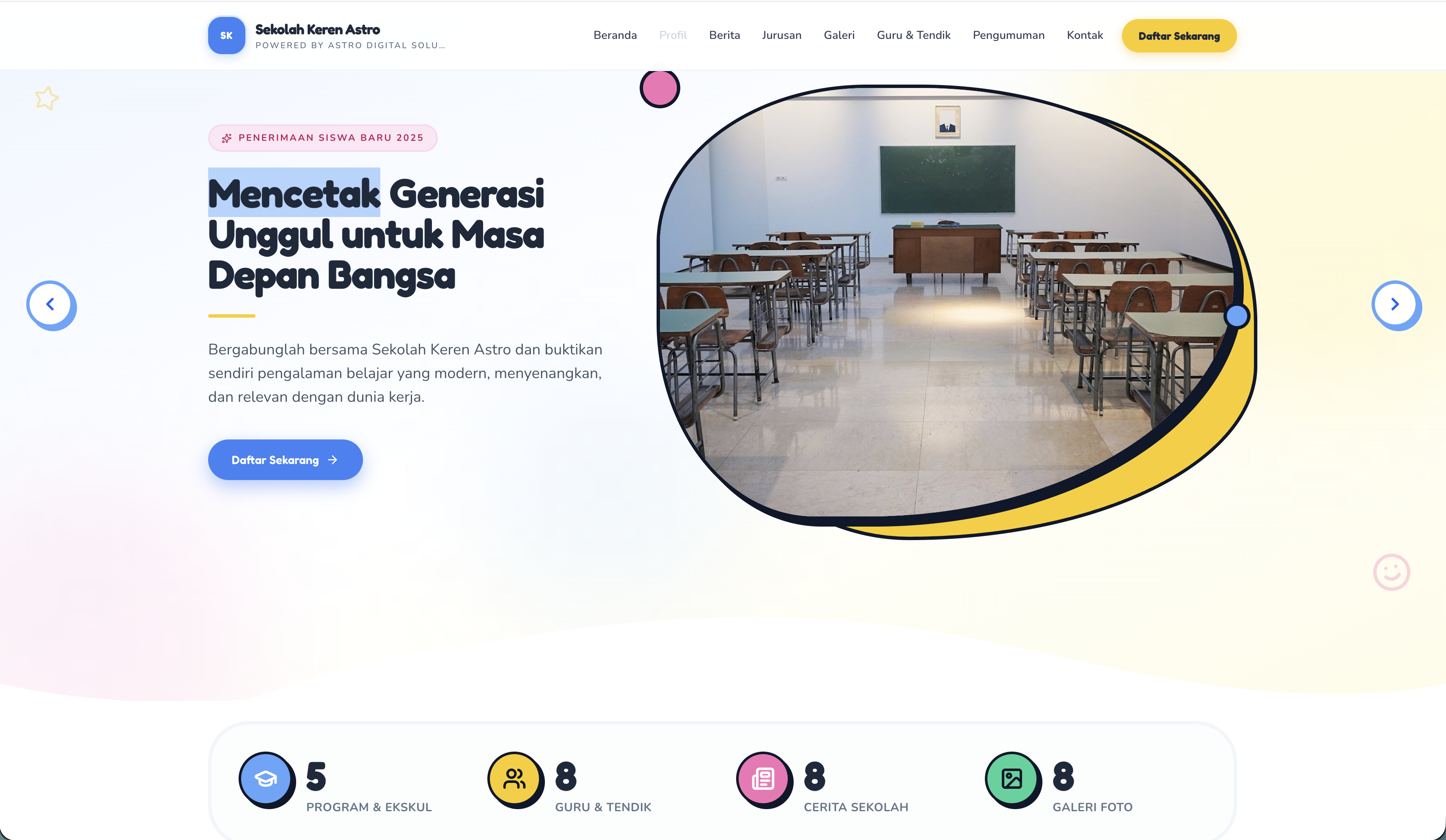 Pratinjau Demo 3 — tampilan website sekolah kreatif dan playful untuk SD, TK, dan PAUD dari websekolahkeren